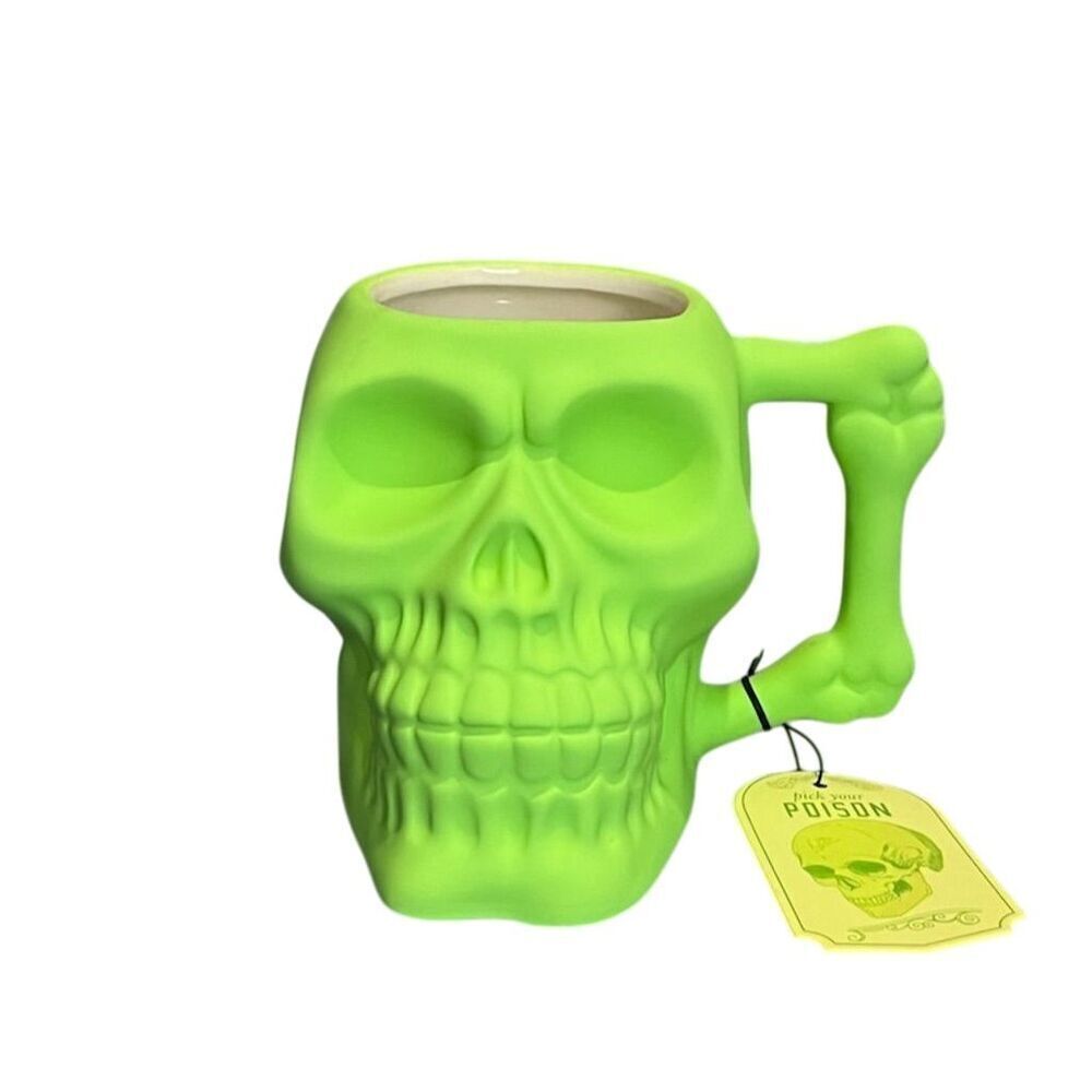 Green Sculpted 3D Skull Coffee Mug Halloween Gothic Grunge Party